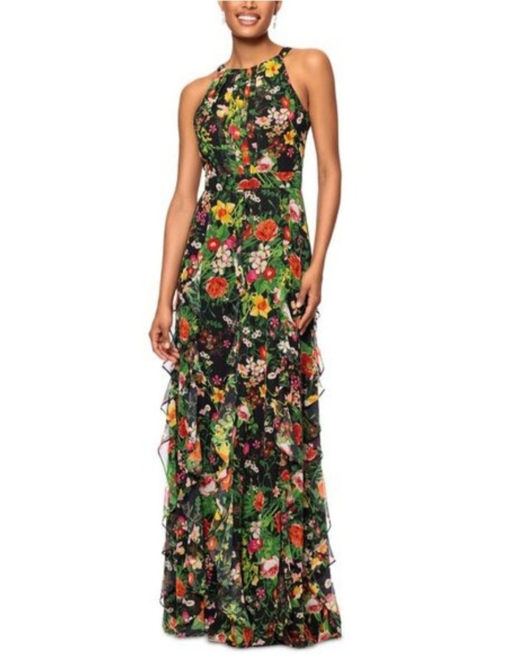 Betsy & Adam Camille Floral-Print Ruffled Halter Gown  Black/Red NWT $279
